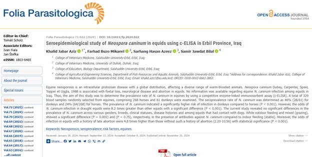 Research paper about Seroepidemiological study of Neospora caninum in equids using c-ELISA in Erbil Province, Iraq
